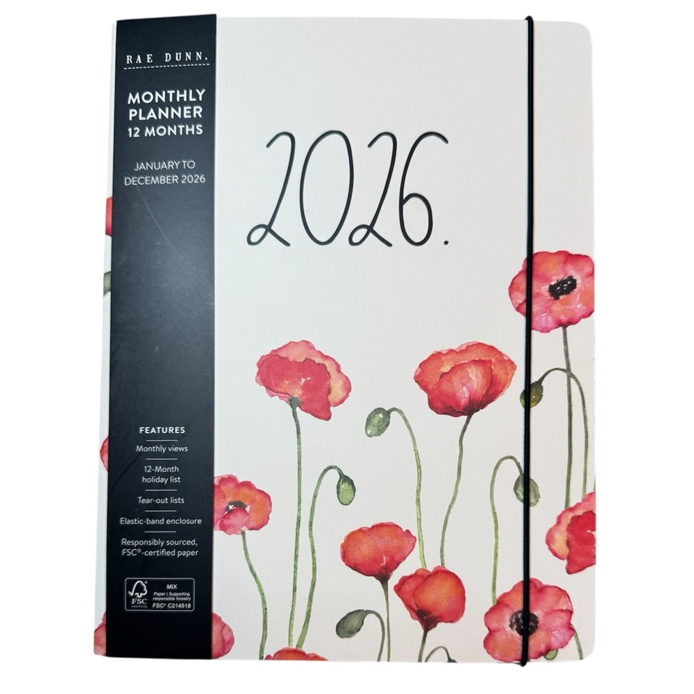RAE DUNN 2026 Monthly Calendar Planner White Red Poppies MEDIUM Sz 9.75” X 7.5”